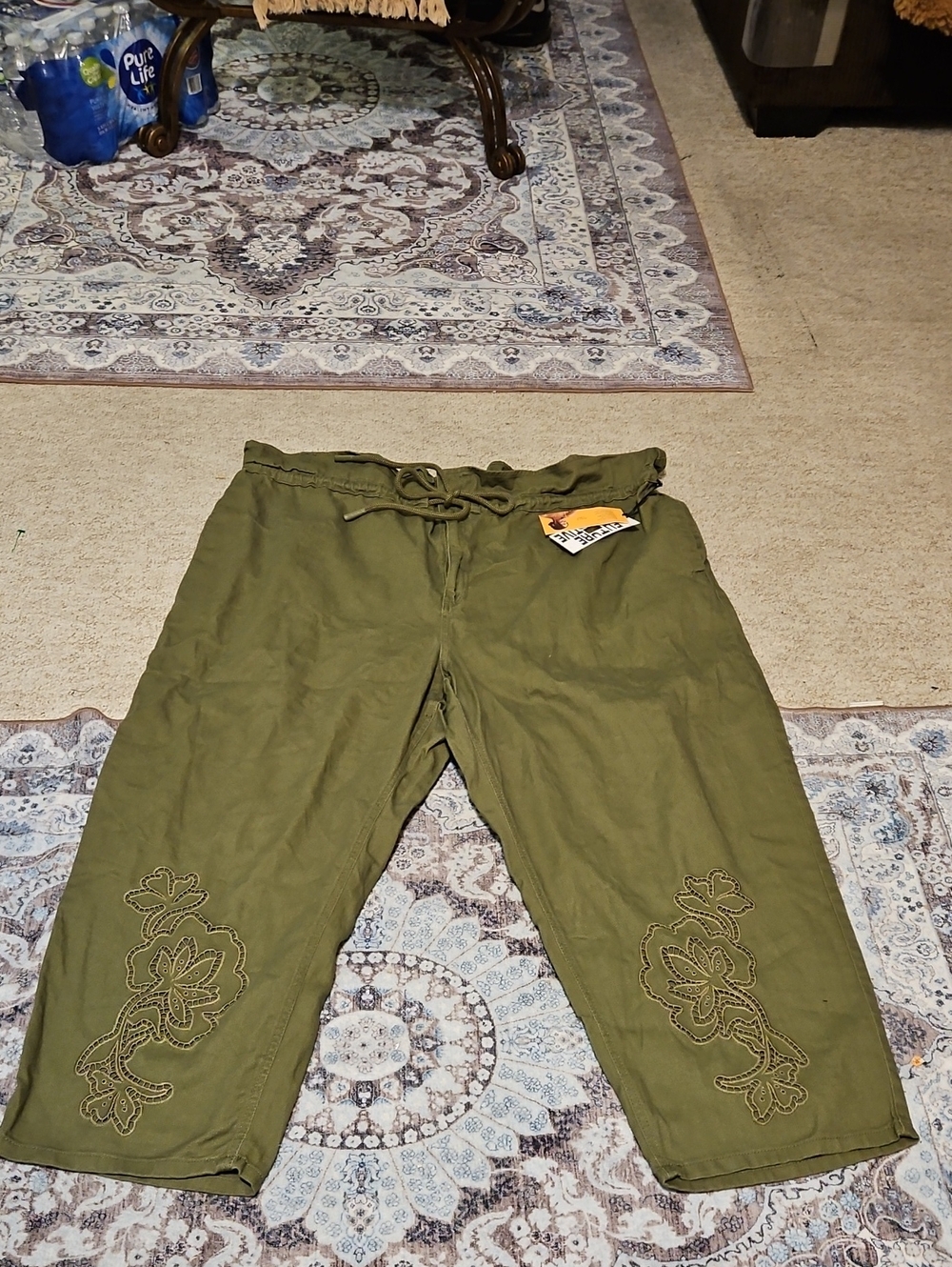 Women's Olive Cropped Drawstring Pants with Embroidered Detail - Picture 1 of 13